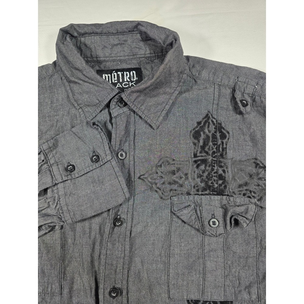 Metro Black Mens XL Gray Cross Graphic Button Down Shirt Long Sleeve Gothic